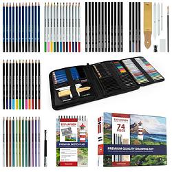 Foto van Starksøn® professioneel 74-delige potloden tekenset incl. tekenpotloden, schetspotloden, schetsboek & accessoires