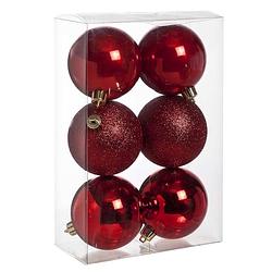 Foto van 6x rode kerstballen 8 cm kunststof mat/glans/glitter - kerstbal
