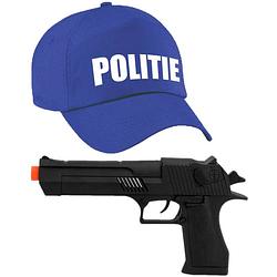 Foto van Politie verkleed cap/pet blauw met pistool voor volwassenen - verkleedhoofddeksels