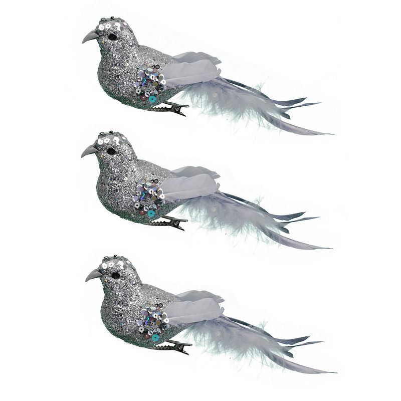 Foto van 6x stuks decoratie vogels op clip glitter zilver 16 cm - kersthangers