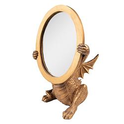Foto van Haes deco - staande spiegel met draak - goudkleurig - 16x13x25 cm - polyresin - tafel spiegel, ovale spiegel