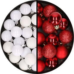 Foto van 34x stuks kunststof kerstballen wit en rood 3 cm - kerstbal