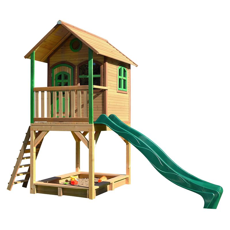 Foto van Axi sarah speelhuis op palen, zandbak & groene glijbaan speelhuisje voor de tuin / buiten in bruin & groen van fsc