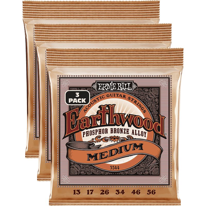 Foto van Ernie ball 3544 earthwood custom medium phosphor bronze 13-56 snaren voor westerngitaar (3 sets)