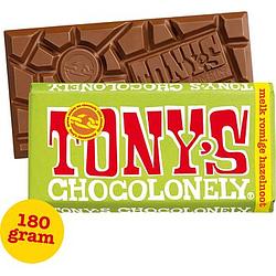 Foto van 2 voor € 4,50 | tony's chocolonely melk romige hazelnoot crunch chocolade reep 180g aanbieding bij jumbo