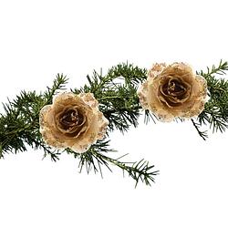 Foto van 2x stuks kerstboom bloemen op clip goud glitter 14 cm - kunstbloemen