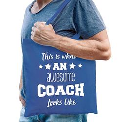 Foto van Bellatio decorations cadeau tas coach - katoen - blauw - this is what an awesome coach looks like - feest boodschappenta