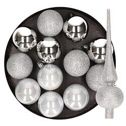 Foto van 12x stuks kunststof kerstballen 6 cm inclusief glitter piek zilver - kerstbal