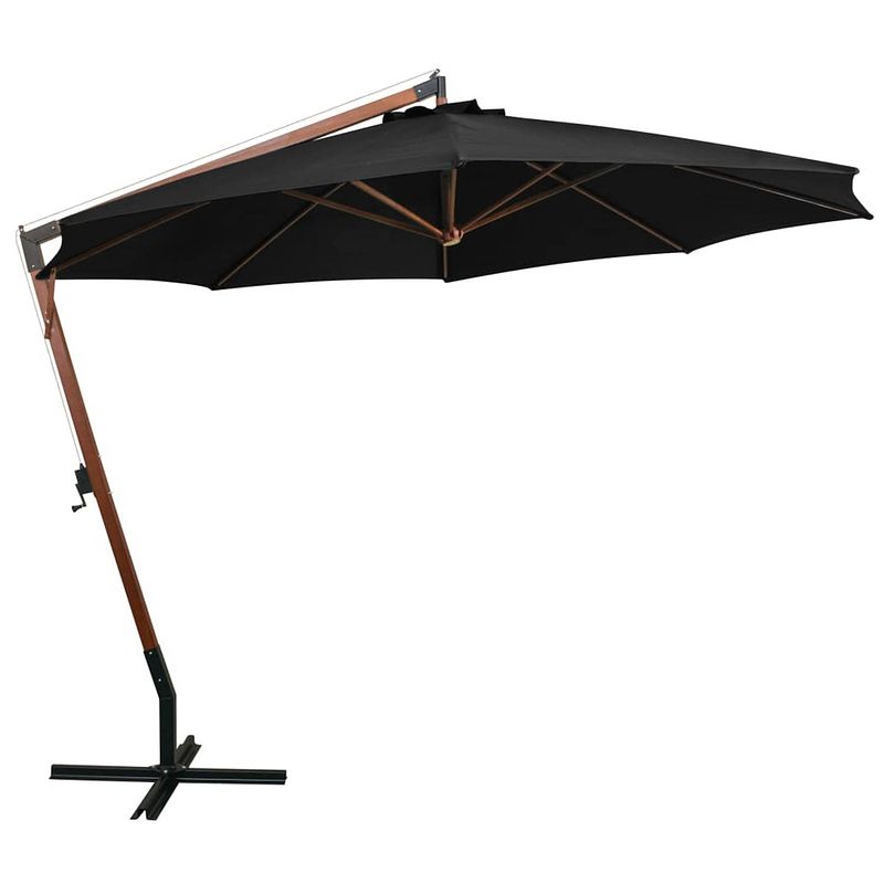 Foto van The living store zweefparasol hout - 350 cm - zwart - uv-bestendig polyester - vurenhouten paal - bamboe baleinen