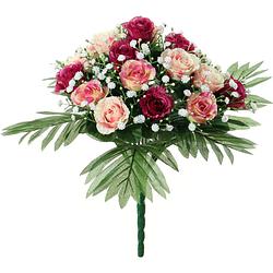 Foto van Louis maes kunstbloemen boeket rozen/gipskruid - roze/donkerrood - h36 cm - bloemstuk - bladgroen - kunstbloemen