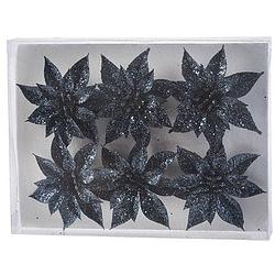 Foto van 6x kerstversieringen glitter kerstrozen donkerblauw op clip - kunstbloemen