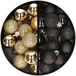 Foto van 34x stuks kunststof kerstballen goud en zwart 3 cm - kerstbal