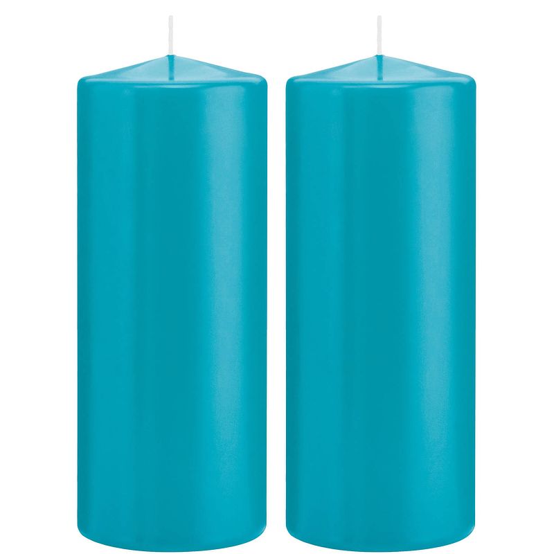 Foto van 2x kaarsen turquoise blauw 8 x 20 cm 119 branduren sfeerkaarsen - stompkaarsen