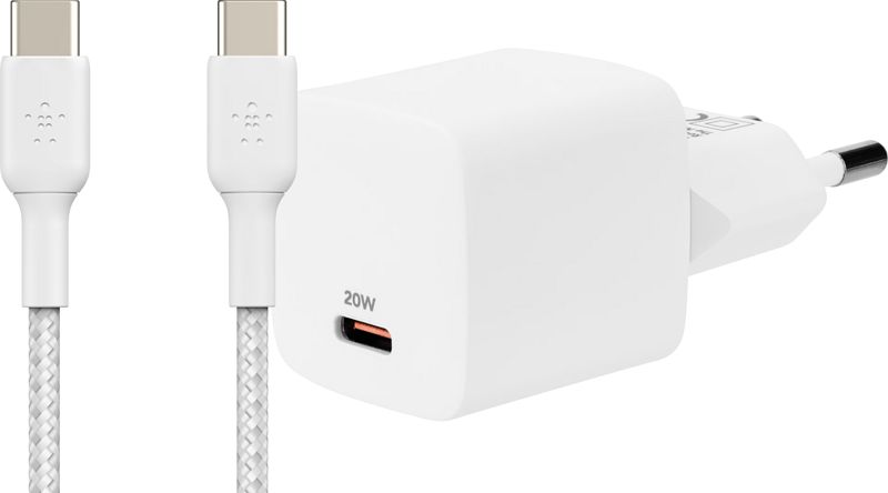 Foto van Bluebuilt power delivery oplader 20w + belkin usb c kabel 1m nylon wit