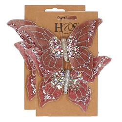 Foto van 4x stuks kunststof decoratie vlinders op clip roze 10 x 15 cm - kunstbloemen