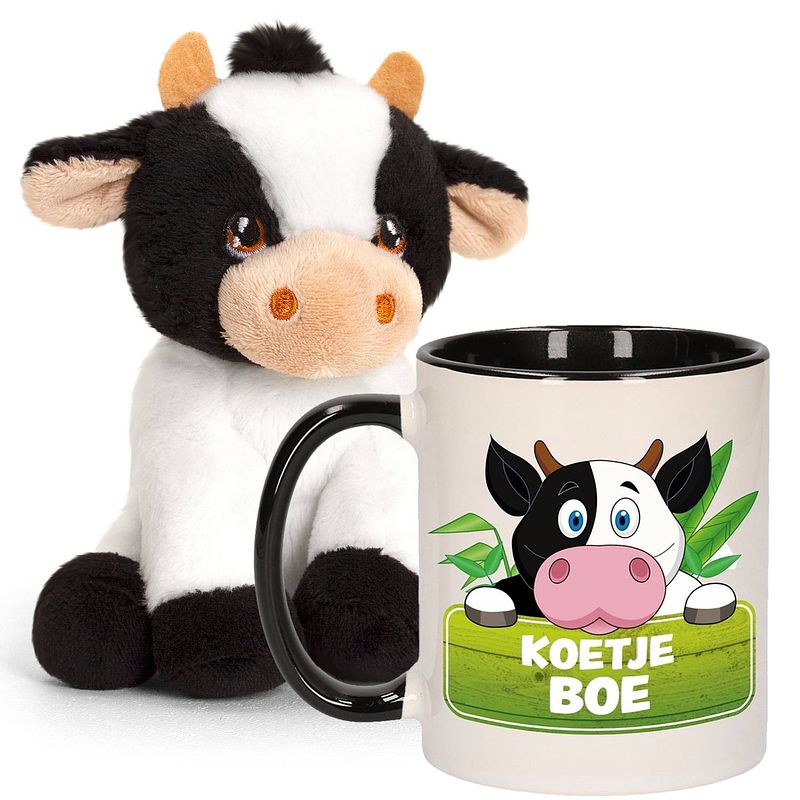 Foto van Cadeauset kind - koeien knuffel 12 cm en drinkbeker/mok koe 300 ml - knuffel boederijdieren