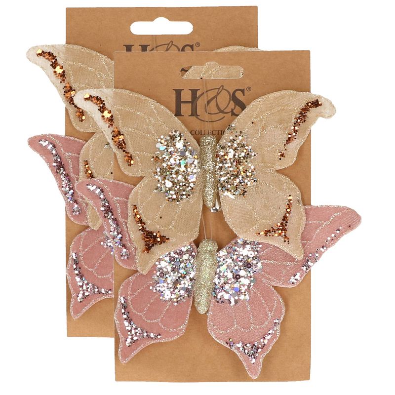 Foto van 4x stuks kunststof decoratie vlinders op clip roze en beige 10 x 15 cm - kunstbloemen