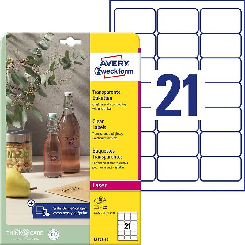 Foto van Avery-zweckform l7782-25 etiketten 63.5 x 38.1 mm polyester folie transparant 525 stuk(s) permanent folie-etiketten