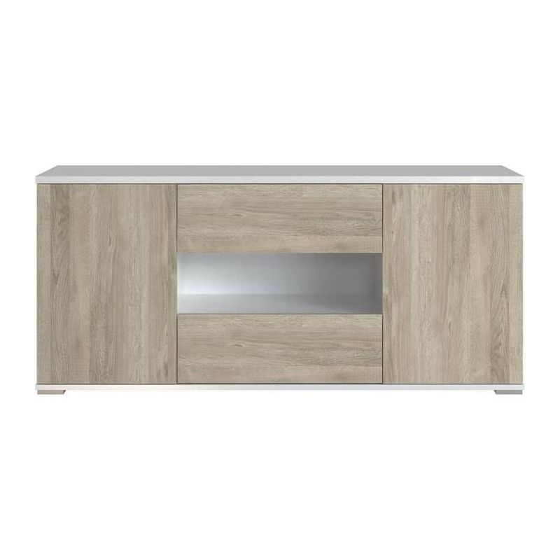 Foto van Star tv cabinet - 2 deuren en 2 laden - wit en eiken melamine - l 150 x d 42 x h 67 cm