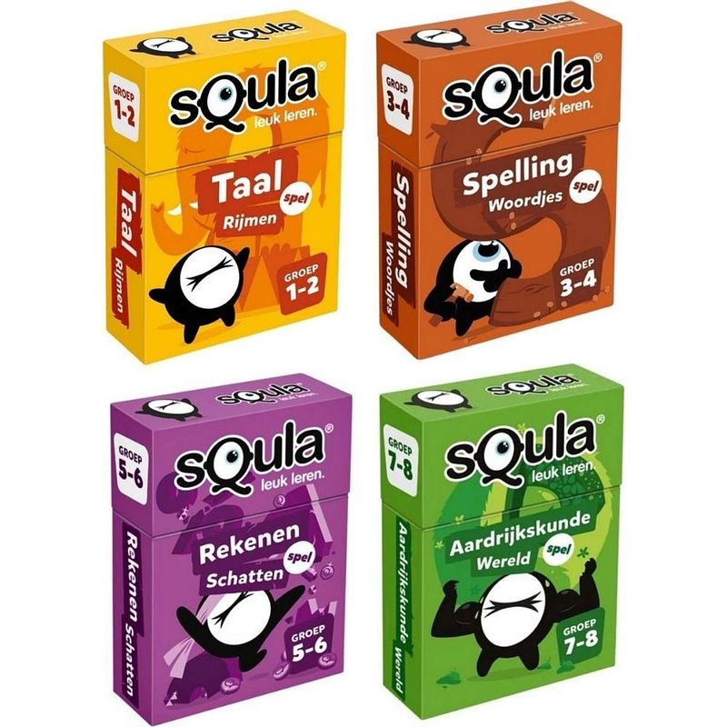 Foto van Spellenbundel - squla - 4 stuks - groep 1 t/m 8 - taal, spelling, rekenen & aardijkskunde