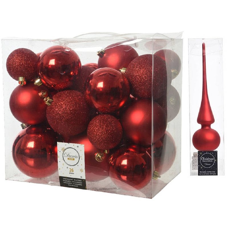 Foto van Kerstversiering kunststof kerstballen met piek rood 6-8-10 cm pakket van 27x stuks - kerstbal