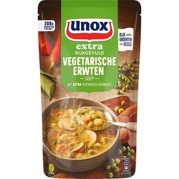 Foto van 2 zakken soep a 570 ml, pakken cupasoup a 3 stuks of single verpakkingen noodles of pasta | unox extra rijkgevuld soep in zak vegetarische erwten 570ml aanbieding bij jumbo