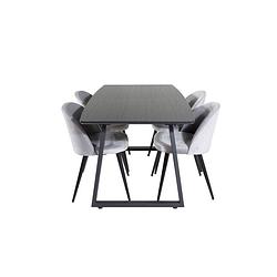 Foto van Incablbl eethoek eetkamertafel udtræksbord længde cm 160 / 200 zwart en 4 velvet eetkamerstal velours lichtgrijs.