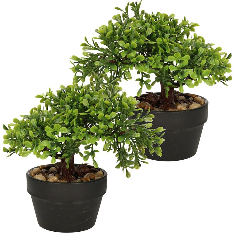 Foto van H&s collection kunstplant bonsai boompje in pot - 2x - japans decoratie - 19 cm - type olive - kunstplanten