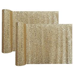 Foto van Kerst thema tafelloper op rol - 2x - goud glitter - 28 x 300 cm - polyester - tafellakens