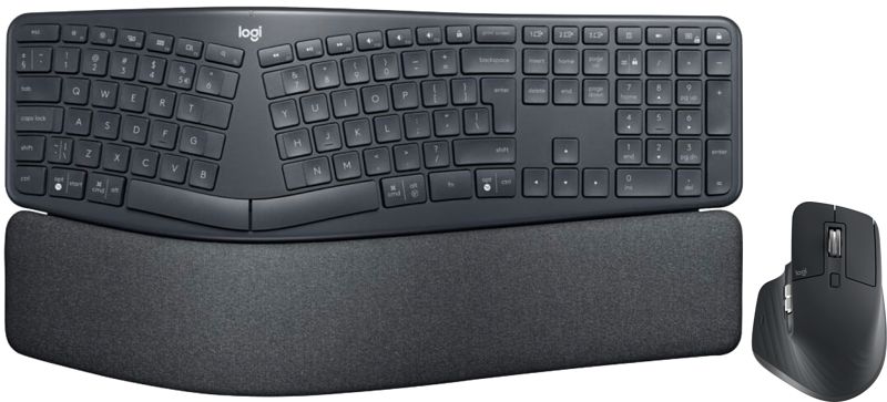 Foto van Logitech k860 ergonomisch draadloos toetsenbord qwerty + logitech mx master 3s