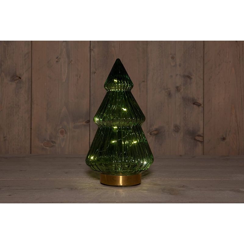 Foto van Anna'ss collection - b.o.t. tree glass 15x28,5 cm green with golden base 10led