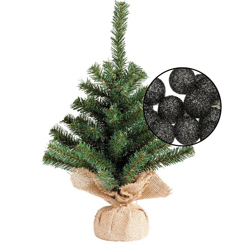 Foto van Mini kunst kerstboom groen met verlichting - in jute zak - h45 cm - zwart - kunstkerstboom