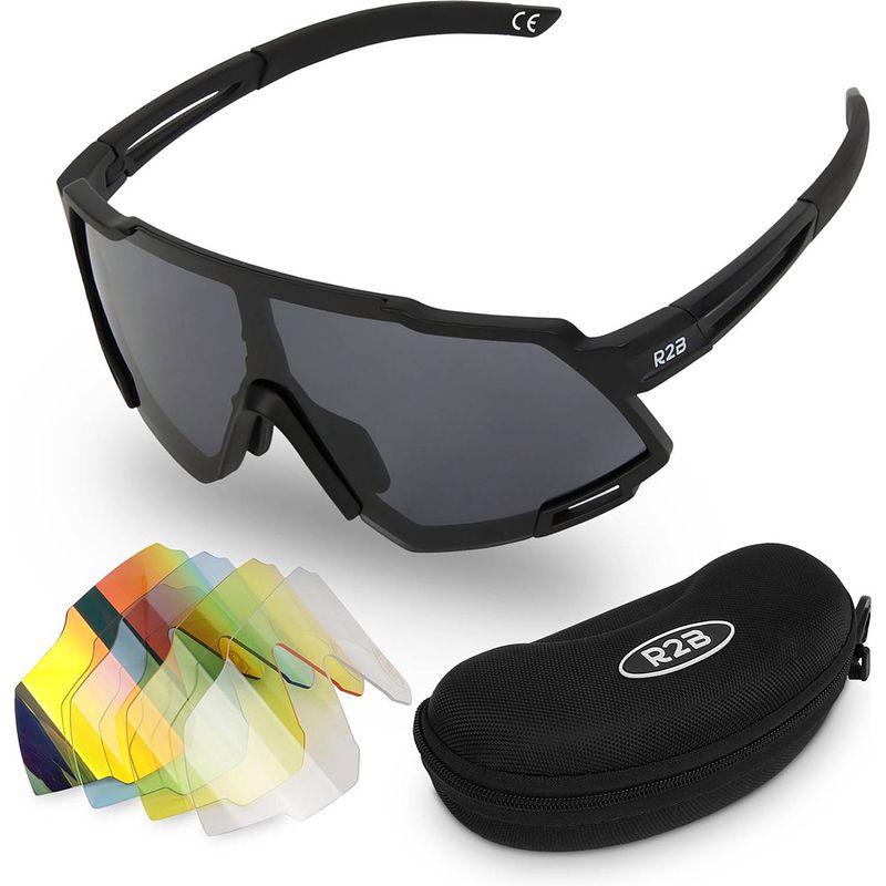 Foto van R2b fietsbril met 5 verwisselbare lenzen - unisex & universeel - sportbril - fietsaccessoires - zwart