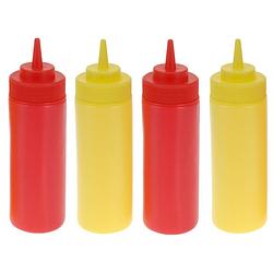 Foto van Doseerflessen/sausflessen - 4x - rood en geel - kunststof - 400 ml - mayo en ketchup knijpflessen - garneergerei