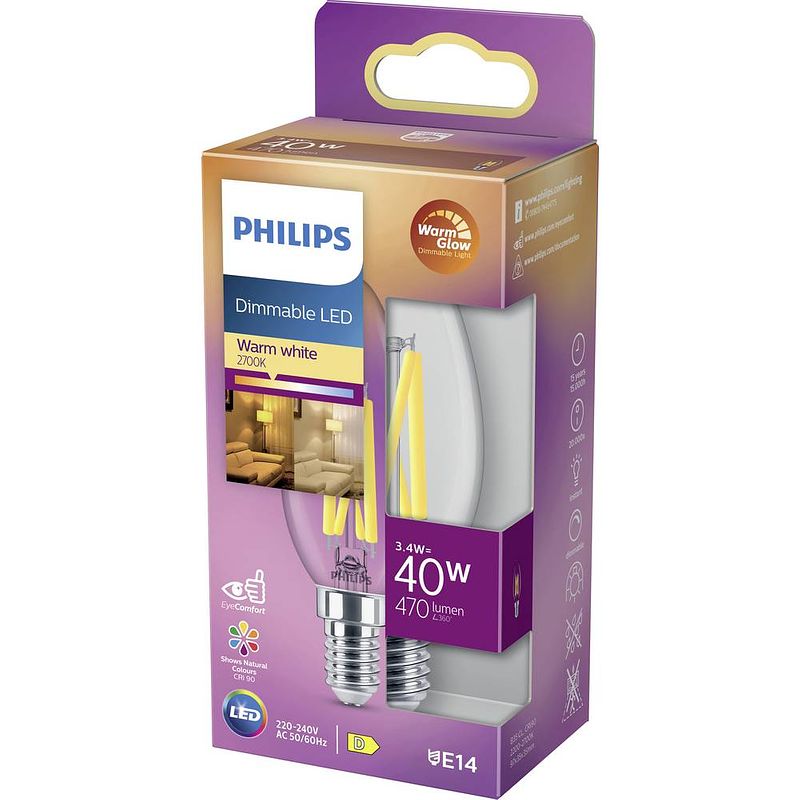 Foto van Philips lighting 871951432421300 led-lamp energielabel d (a - g) e14 kaars 3.4 w = 40 w warmwit (ø x l) 35 mm x 97 mm 1 stuk(s)