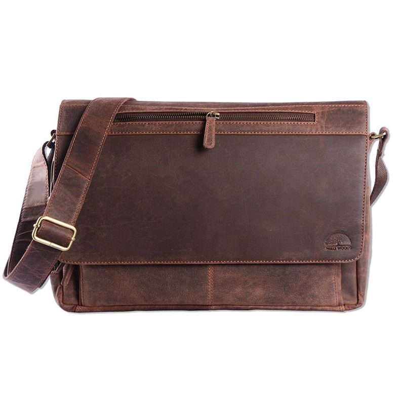 Foto van Wild woods leren laptop messenger bag unisex schoudertas - 15,6 inch laptoptas - buffelleer - vintage donkerbruin