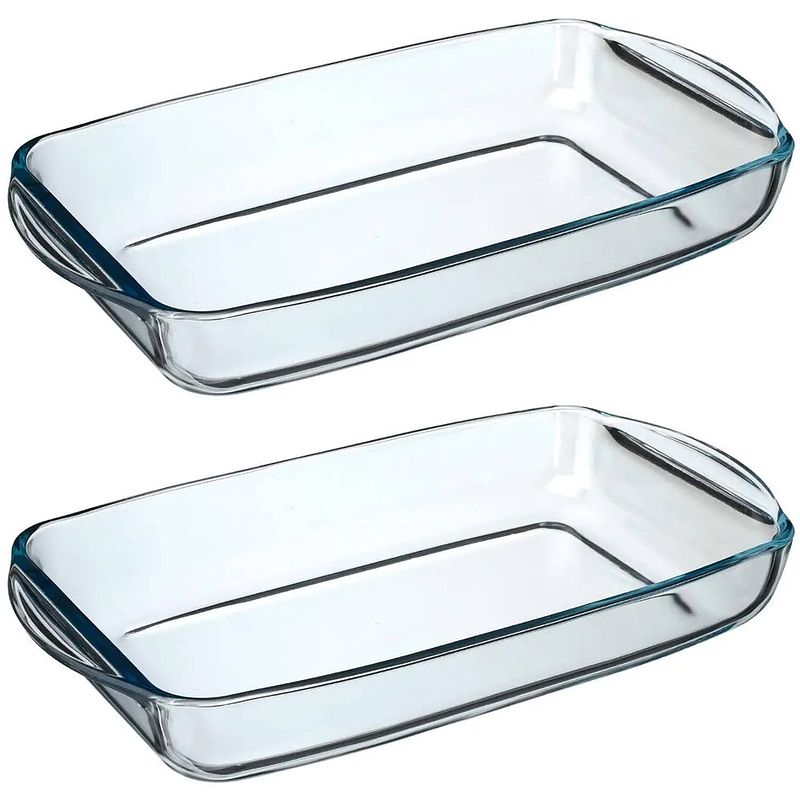 Foto van 2x stuks ovenschaal rechthoek - transparant - geglazuurd glas - 34 x 19 x 5 cm - ovenschalen