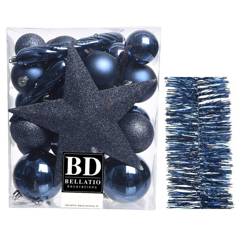 Foto van Kerstversiering kerstballen 5-6-8 cm met ster piek en folieslingers pakket donkerblauw van 35x stuks - kerstbal