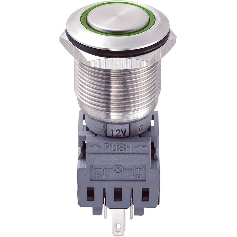 Foto van Tru components las1-bgq-11e/g/12v vandalismebestendige druktoets 250 v/ac 5 a 1x uit/(aan) moment groen ip67 1 stuk(s)