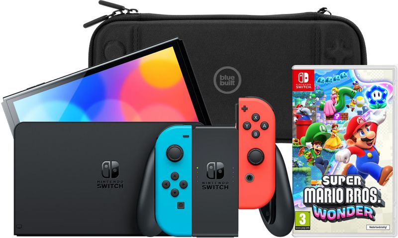 Foto van Nintendo switch oled rood/blauw + super mario bros. wonder + bluebuilt beschermhoes