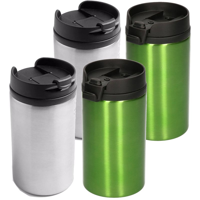 Foto van Set van 4x stuks warmhoudbekers/warm houd bekers metallic grijs en groen 320 ml - thermosbeker