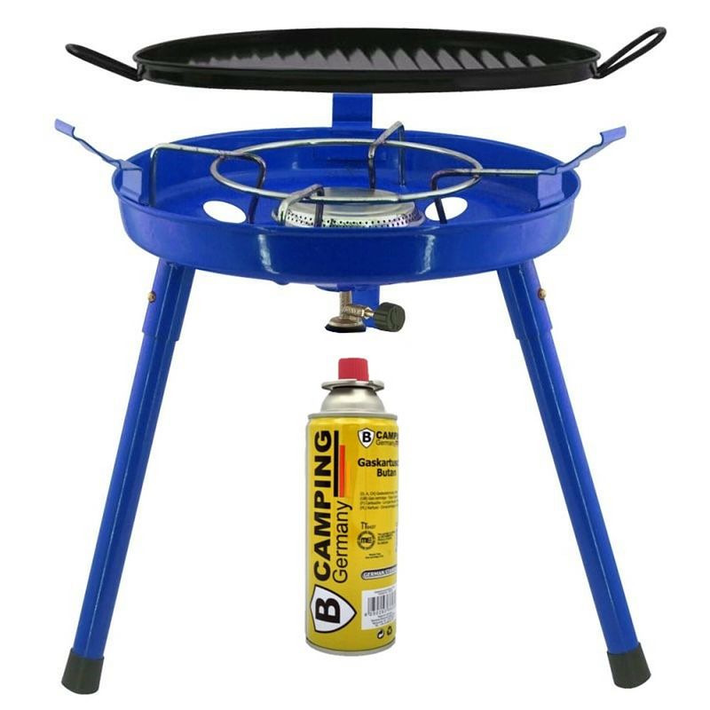 Foto van Camping gasgrill/grillplaat 3-in-1 - blauw - incl. gas navulling 227 gram - kookbranders