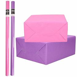 Foto van 4x rollen kraft inpakpapier pakket roze/paars voor meisjes/dames 200 x 70 cm - cadeaupapier