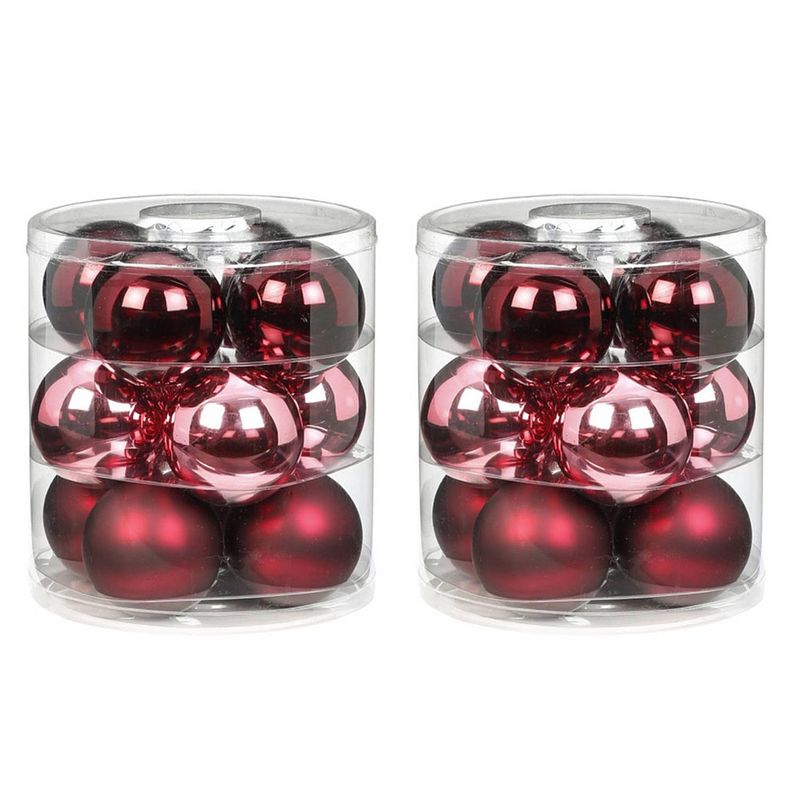 Foto van Tube met 24x roze/rode kerstballen van glas 8 cm glans en mat - kerstbal