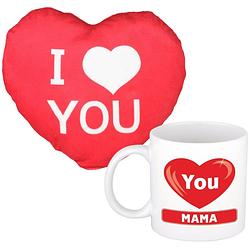 Foto van I love you mama mok/beker 300 ml incl. sierkussentje hart vorm 15 cm - feest mokken