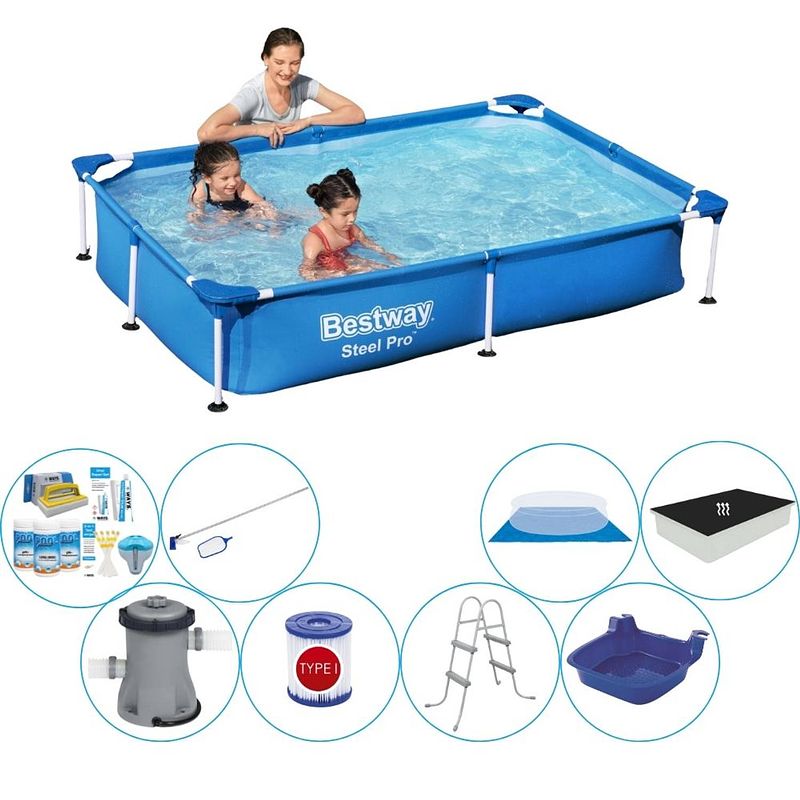 Foto van Bestway steel pro rechthoekig zwembad - 221 x 150 x 43 cm - blauw - inclusief pomp - voordeelpakket