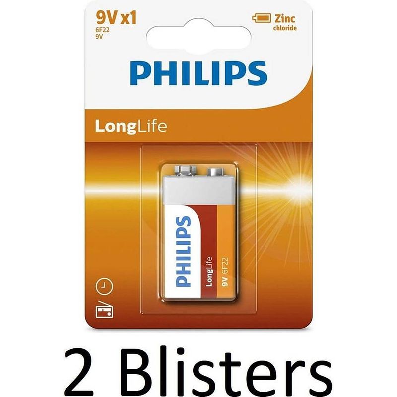 Foto van 2 stuks (2 blisters a 1 st) philips longlife 9v batterijen