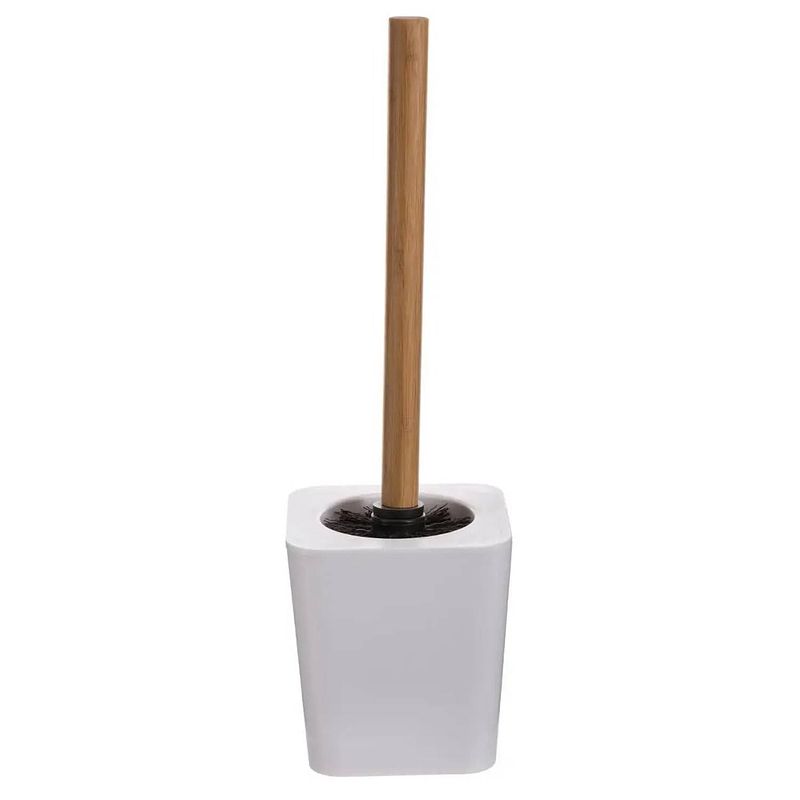 Foto van Wc-/toiletborstel met houder vierkant wit kunststof/bamboe 38 cm - toiletborstels