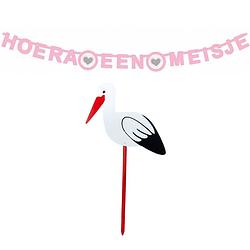 Foto van Geboorte versiering meisje - ooievaar geboorte bord - 100 cm hoog - letterslinger roze - feestdecoratievoorwerp