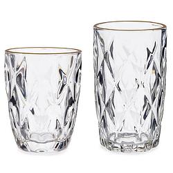 Foto van Waterglazen/drinkglazen set - 12x - kristal look - gouden rand - 270 ml - 340 ml - drinkglazen